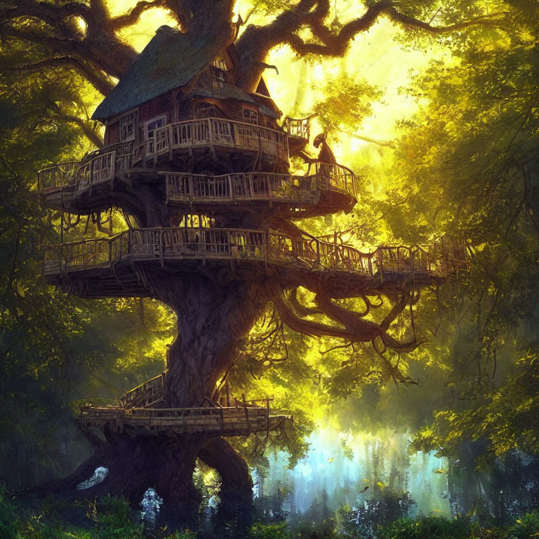 Intricate multi-level treehouse in ancient tree, bathed in golden light