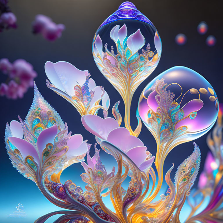 Colorful digital art: whimsical organic shapes with pearlescent finish, resembling underwater scene.