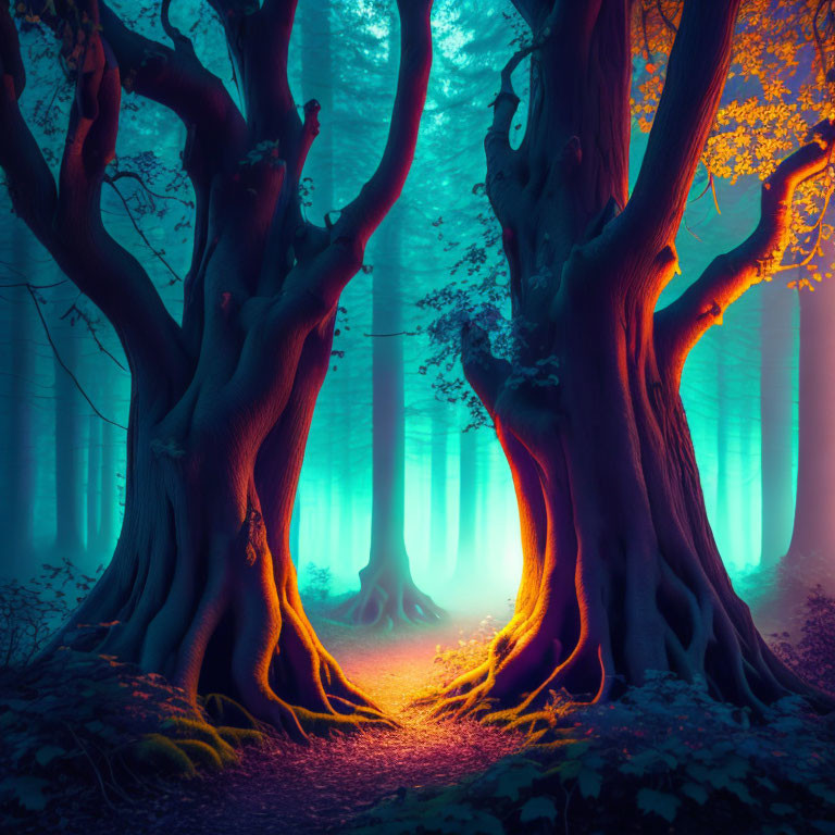 Enchanted forest with gnarled trees, warm glow, blue fog