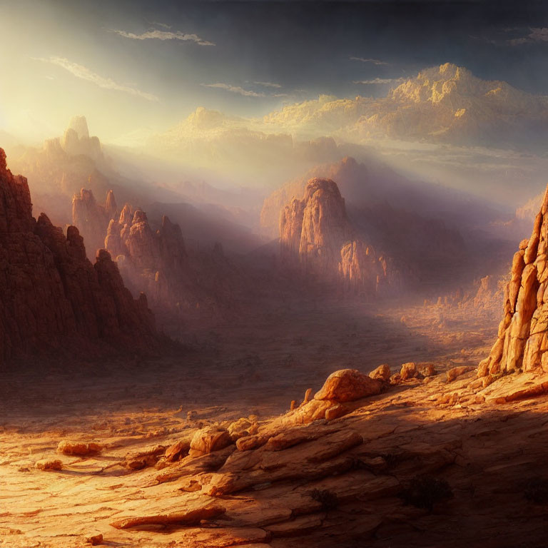 Desert landscape with rocky formations at sunset