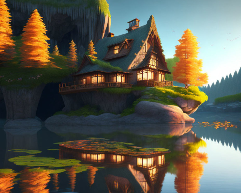 Tranquil multi-story cabin on rock in reflective lake with autumnal trees.
