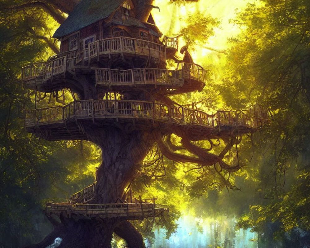 Intricate multi-level treehouse in ancient tree, bathed in golden light
