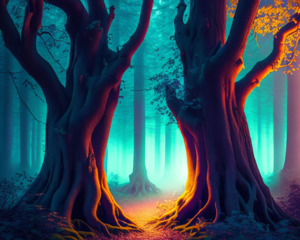 Enchanted forest with gnarled trees, warm glow, blue fog