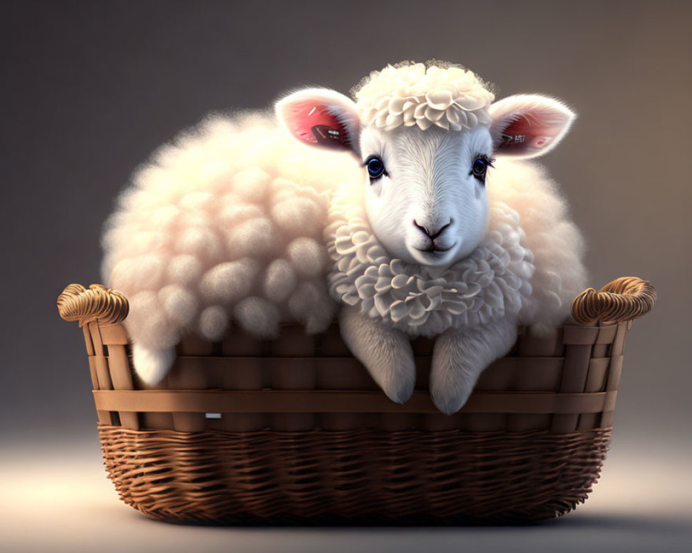 Adorable White Lamb in Wicker Basket on Neutral Background
