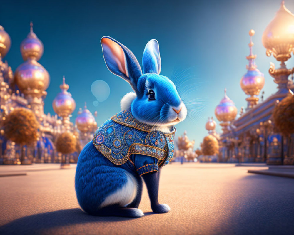 Blue rabbit in ornate clothing on cobblestone path with fantastical buildings under twilight sky