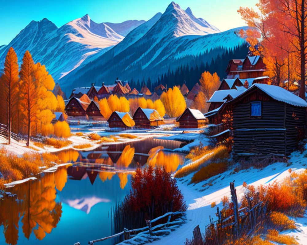 Tranquil autumn scene: wooden cabins, lake, vibrant trees, snow-capped mountains