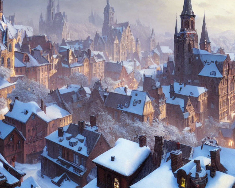 Snow-covered medieval town with Gothic architecture at sunrise