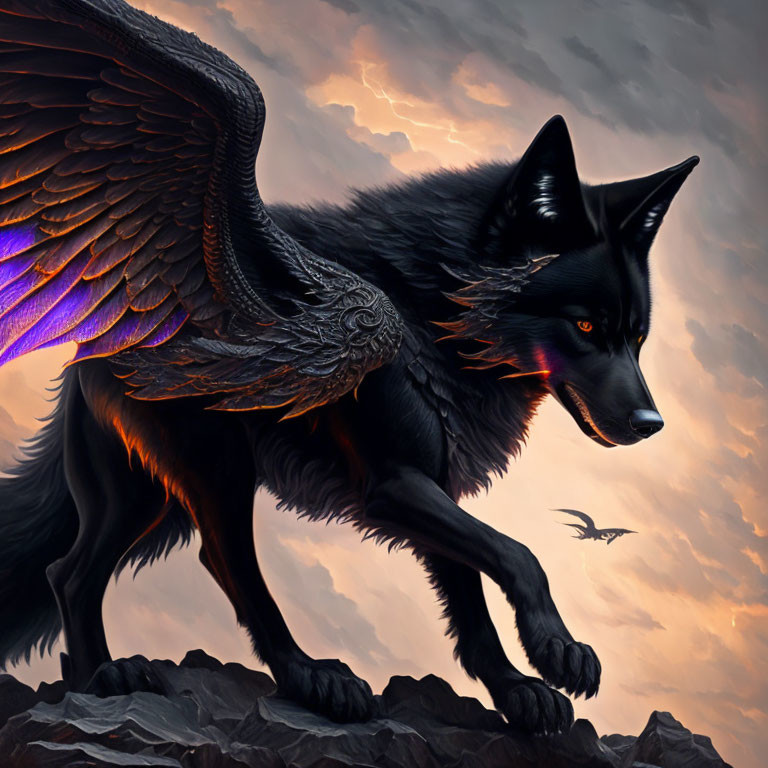 Majestic black winged wolf on rocky terrain under dramatic sky