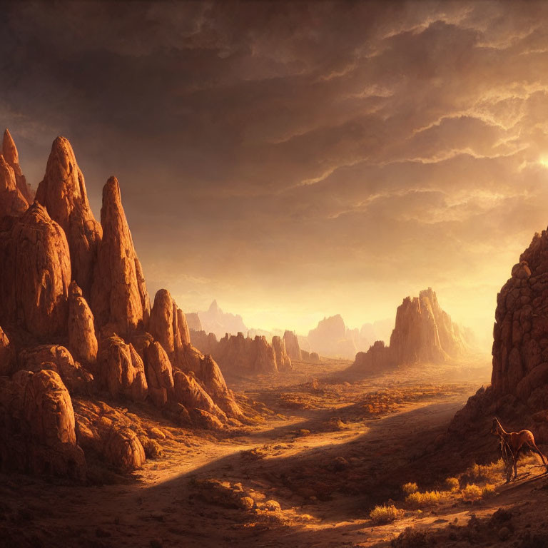 Desert landscape at sunset with rocky formations and lone horse in arid terrain