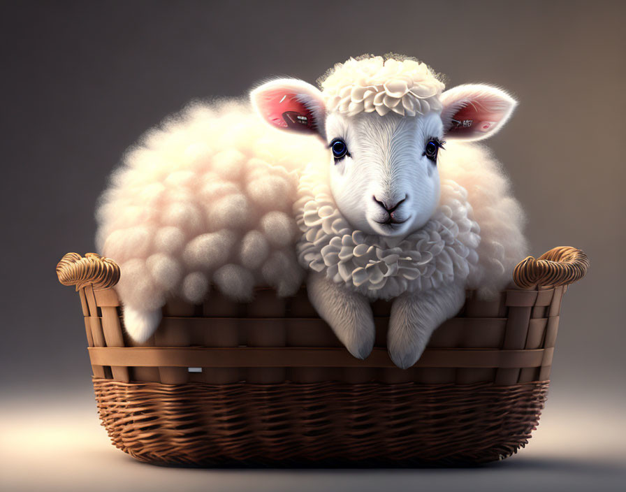 Adorable White Lamb in Wicker Basket on Neutral Background