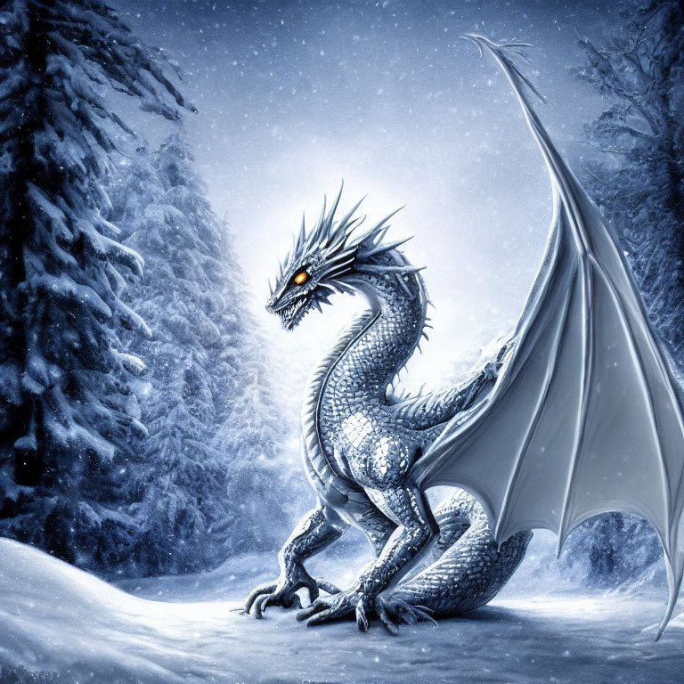 Silver dragon with glowing orange eyes in snowy forest at night