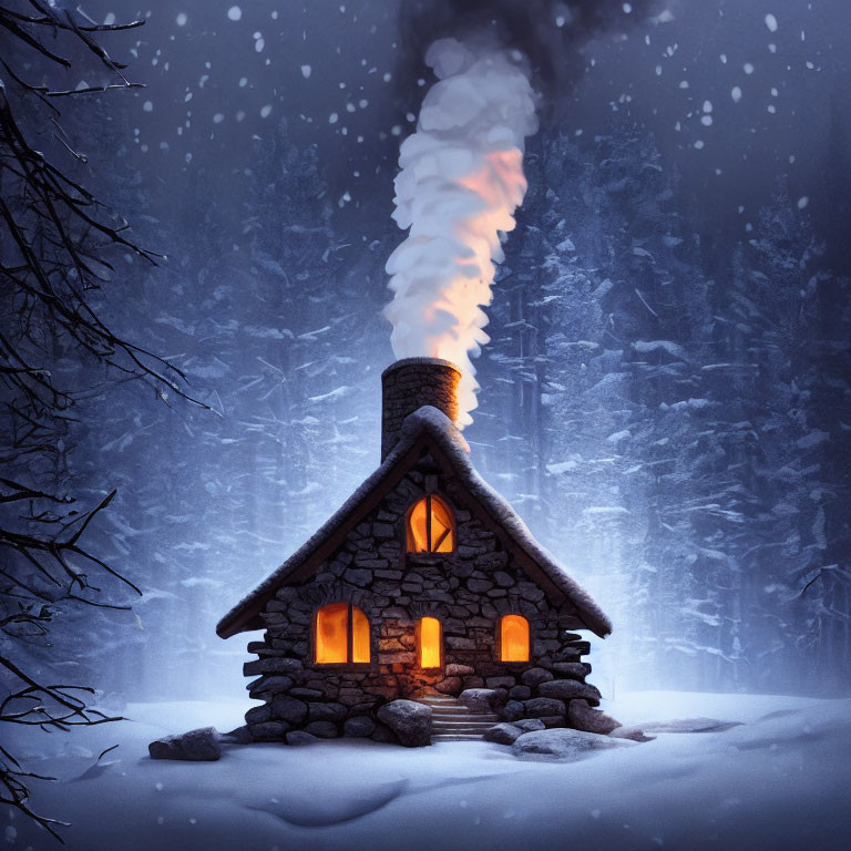 Stone cabin with warm light and chimney smoke in snowy forest at twilight