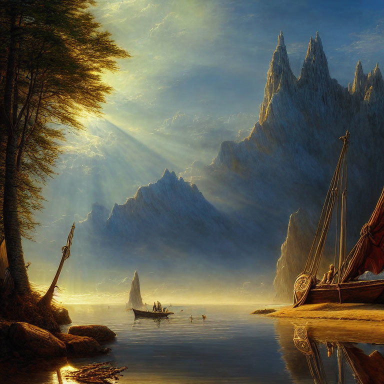 Boats near forest edge on misty lake with mountain peaks