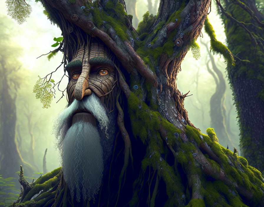 Mystical forest scene: wise old tree with human-like features