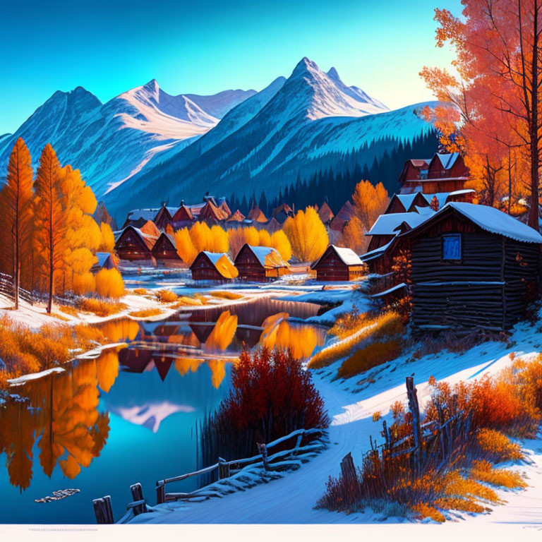 Tranquil autumn scene: wooden cabins, lake, vibrant trees, snow-capped mountains