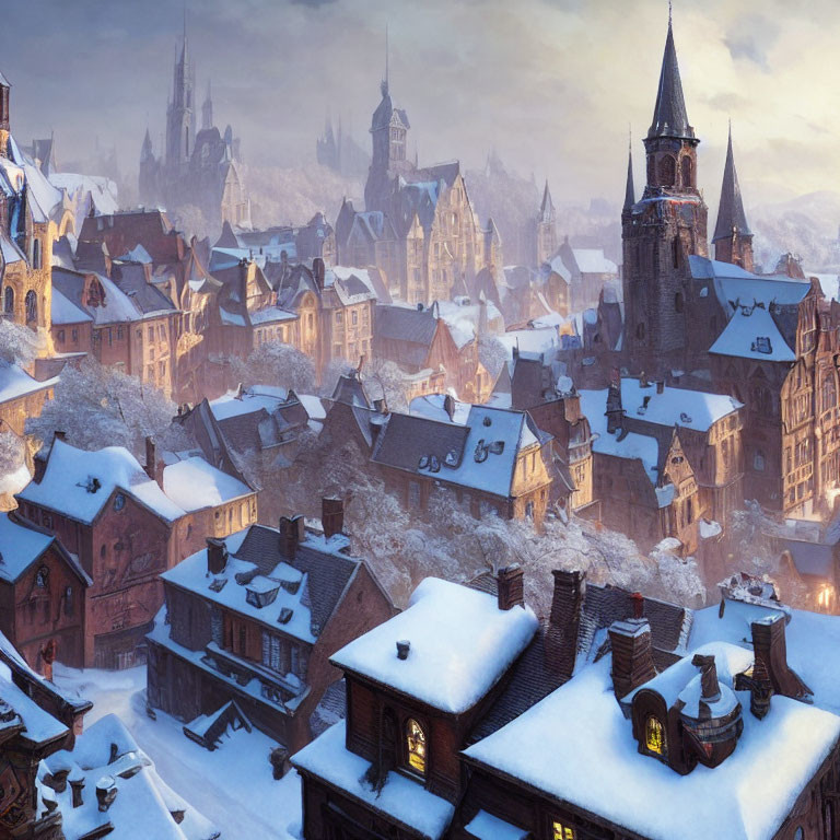 Snow-covered medieval town with Gothic architecture at sunrise