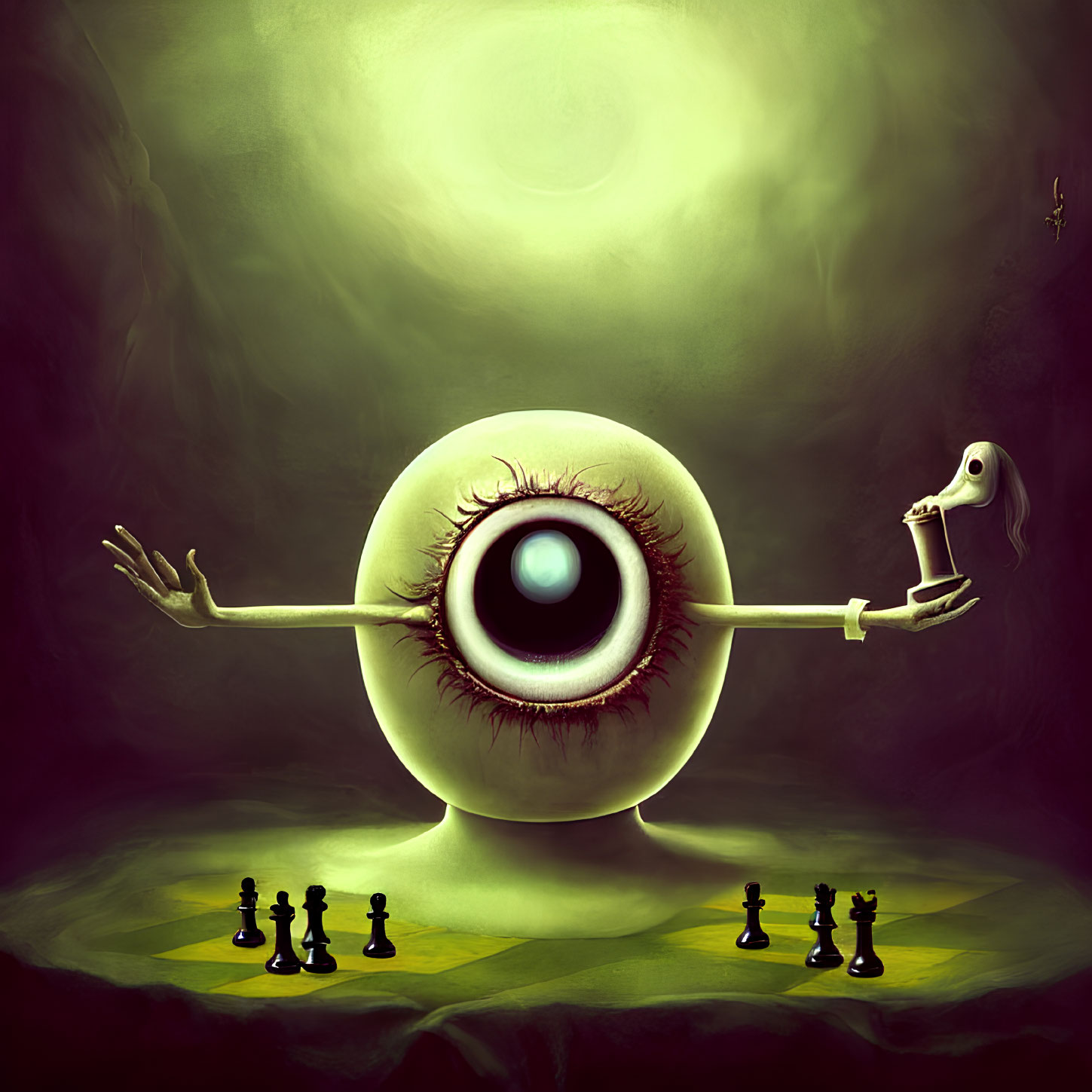 Surreal artwork: Large eyeball with arms, bird skull head, playing chess under greenish