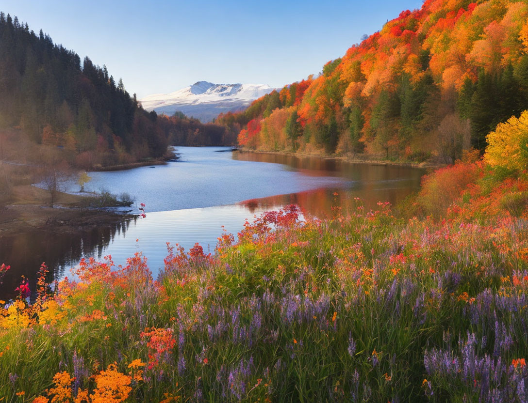 Tranquil lake with autumn trees, snowy mountains, and wildflowers