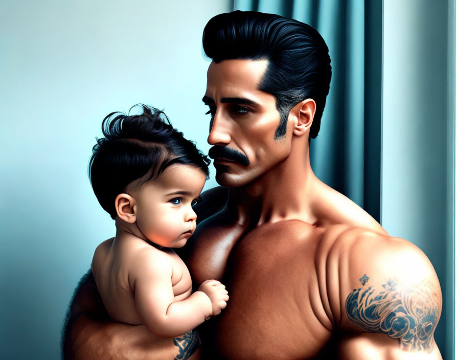 Muscular man with styled mustache holding baby with matching hairstyle.