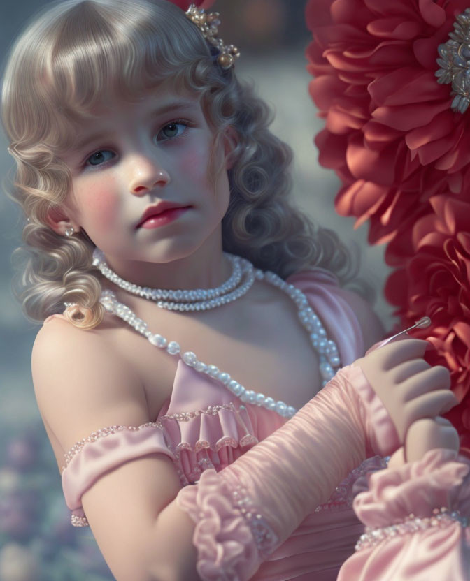 Digital artwork: Young girl with curly blonde hair in pink dress and pearl necklace near large red flowers