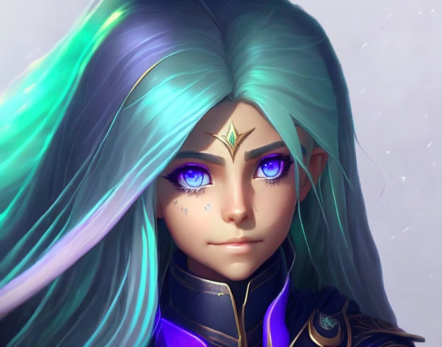 Illustration of female figure with blue eyes, teal hair, forehead gem, and dark armor.