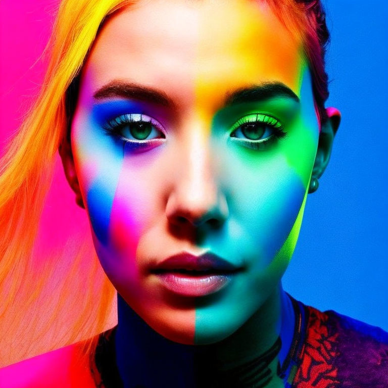 Colorful Rainbow Light Shadows on Woman's Face
