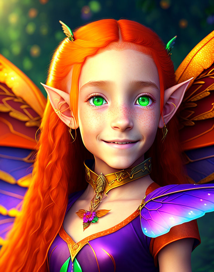 Vibrant orange-haired female elf with butterfly wings in green setting