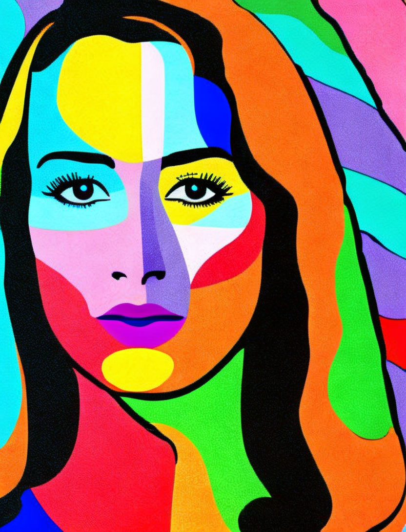 Vibrant Pop Art Portrait of a Woman with Bold, Colorful Features