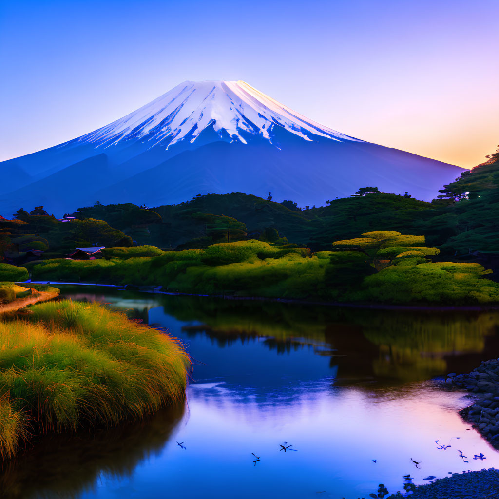 Scenic Mount Fuji Sunrise Over Serene Lake
