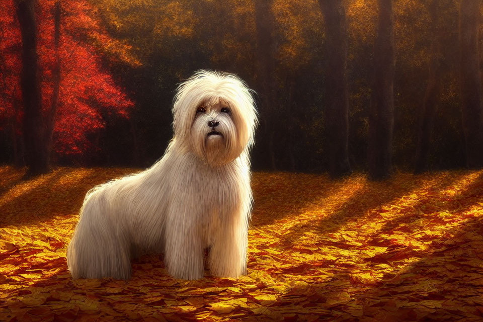 Fluffy White Dog on Autumn Forest Carpet