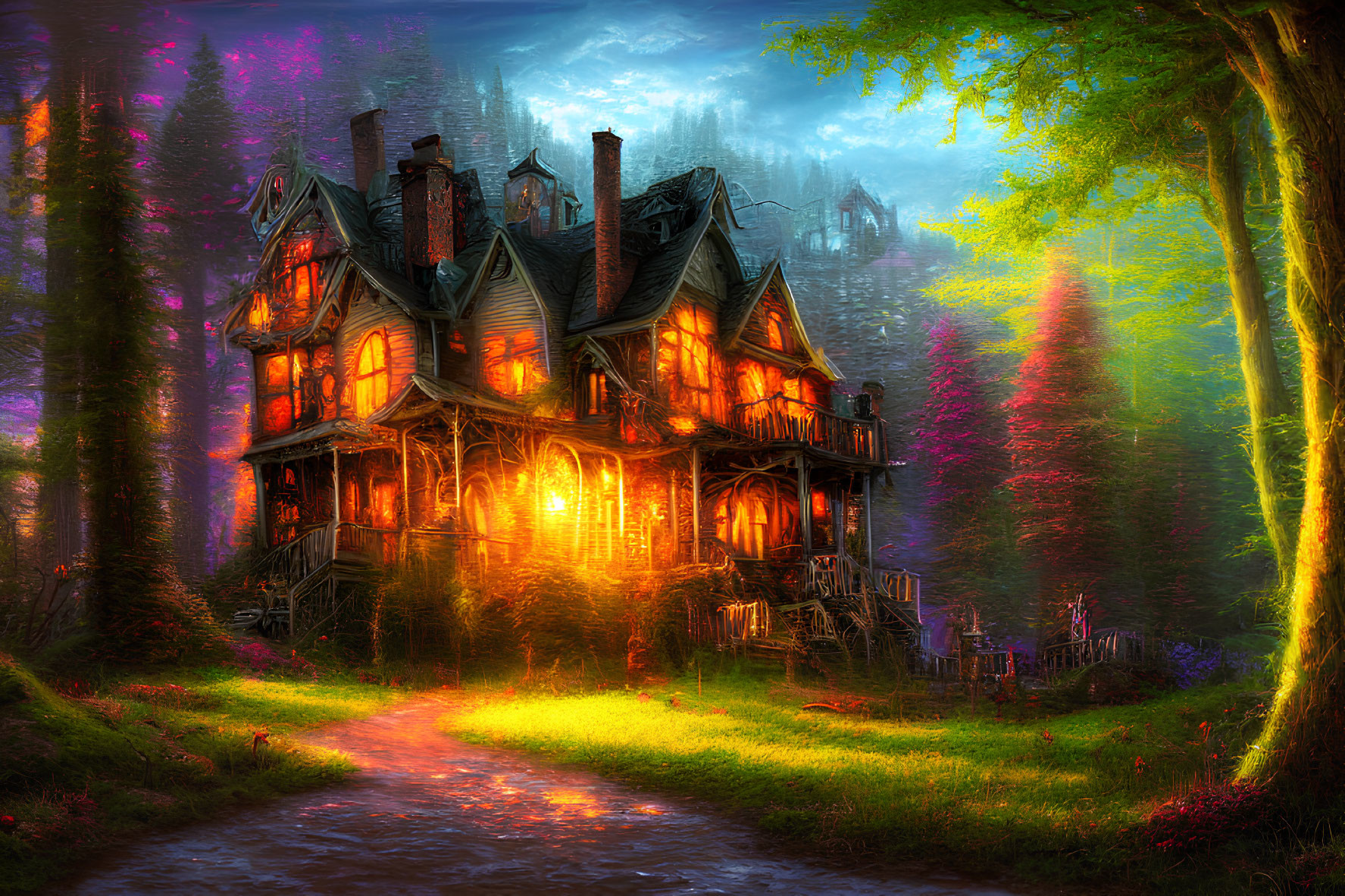 Victorian house in mystical woods under twilight sky
