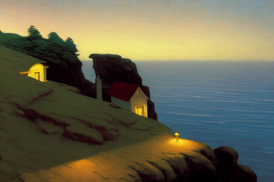 Seaside cliff at dusk with cozy house, trees, and warm light