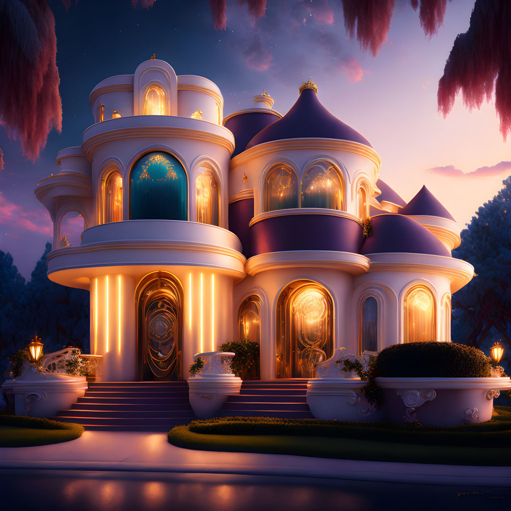 Majestic illuminated mansion at dusk with grand staircase and lush gardens
