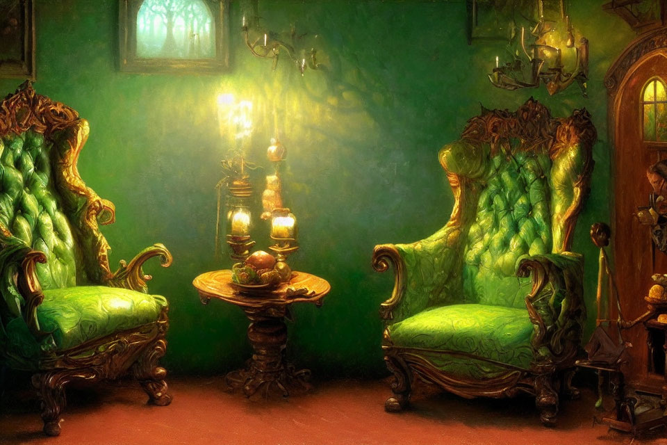 Victorian-style room with plush green armchairs, oil lamp, rich drapery, and