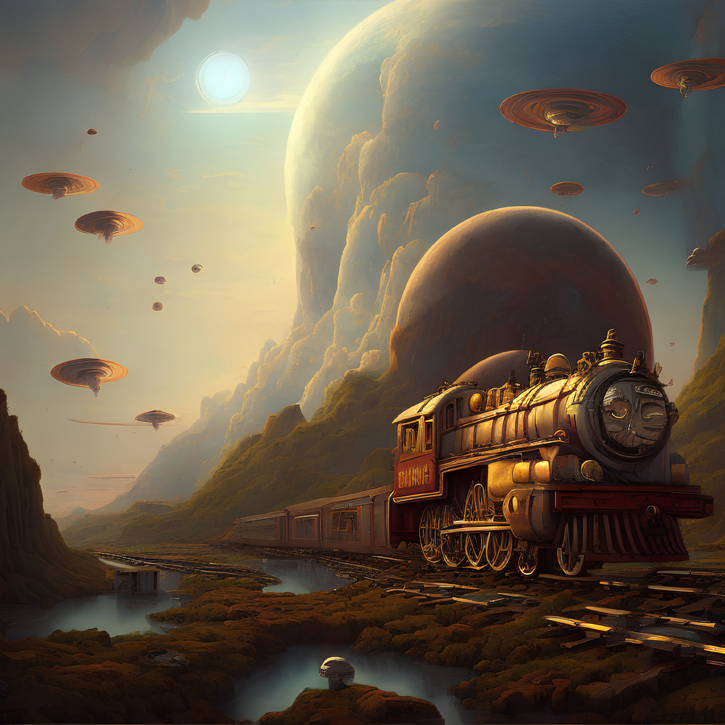 Vintage train crossing bridge in lush valley under huge planet with flying saucers.
