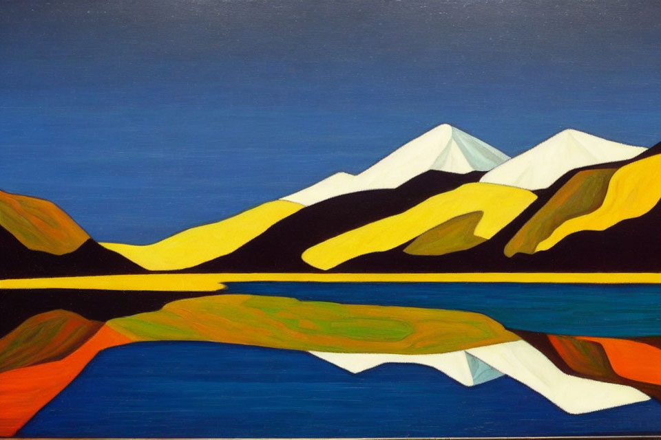 Geometric abstract painting of snowy mountains and colorful reflections on a blue lake