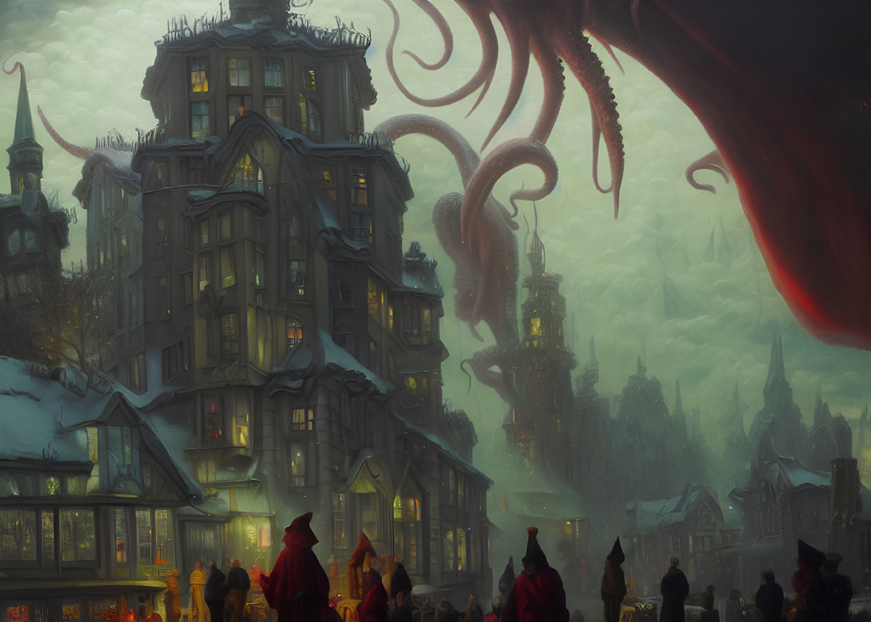 Gloomy cityscape with cloaked figures, eerie building, and massive tentacles