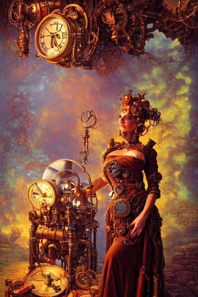Steampunk woman surrounded by clockwork machinery under golden sky