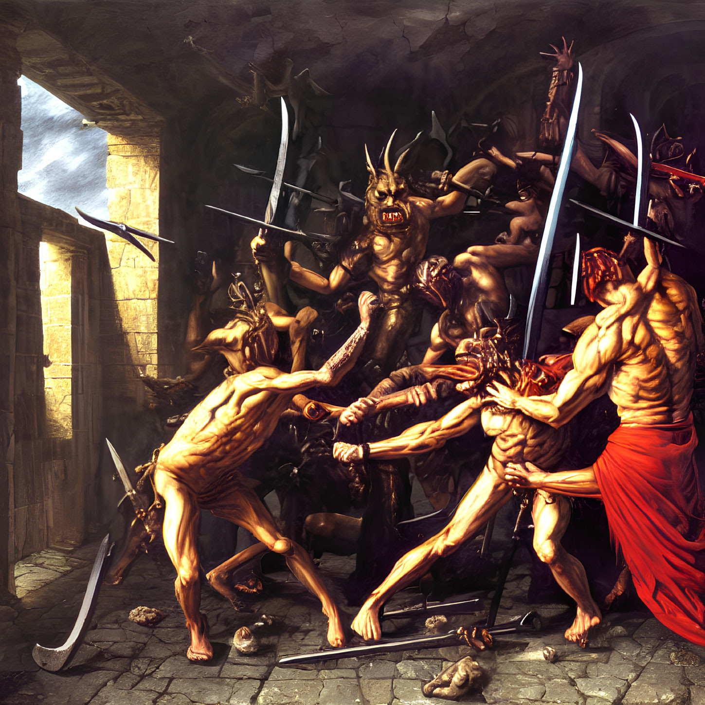 Muscular demonic figures in chaotic battle scene amidst stone ruins