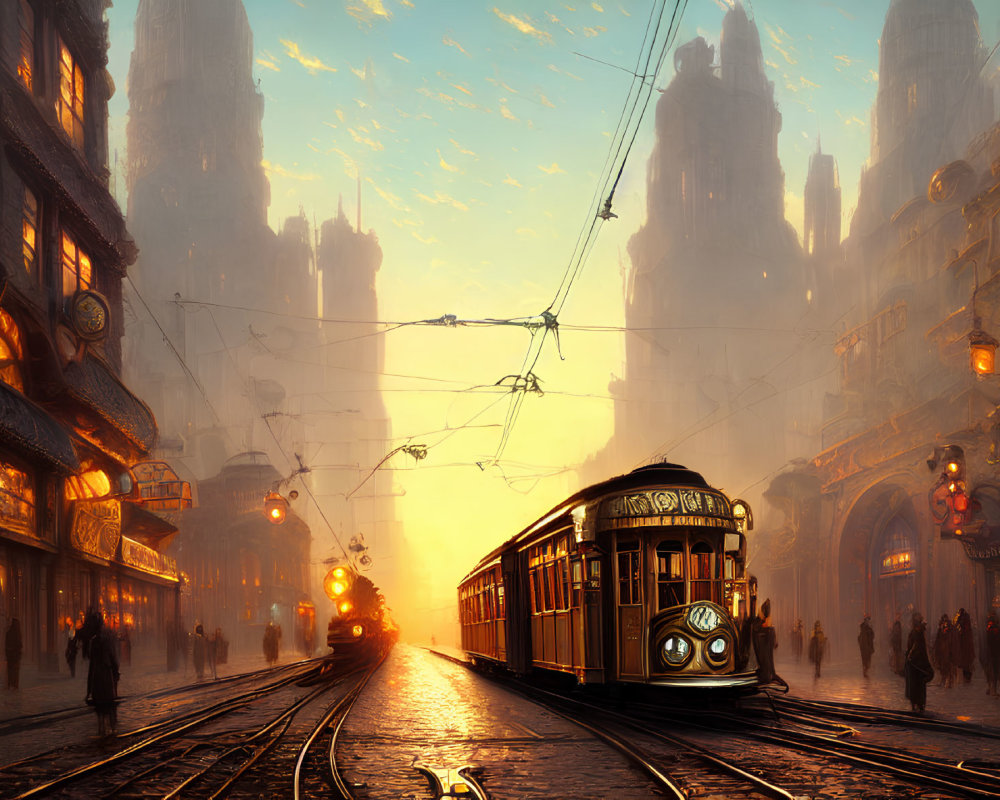 Vintage trams in nostalgic cityscape at sunset with ornate buildings