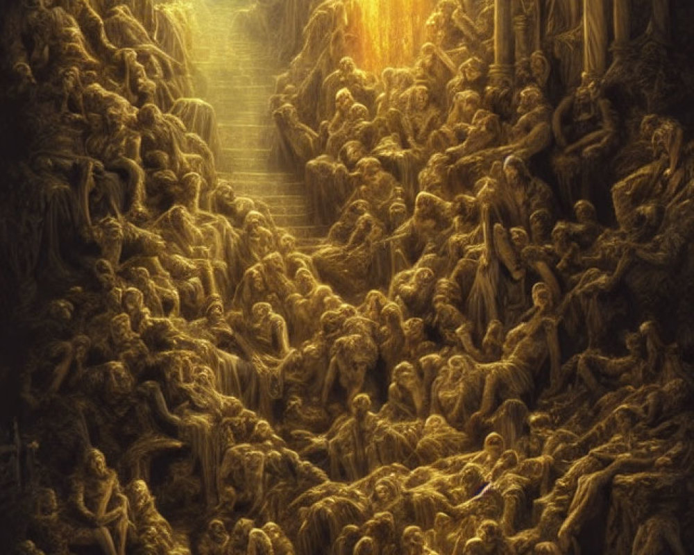 Golden-lit underground cavern with sculptures and figures facing luminous portal