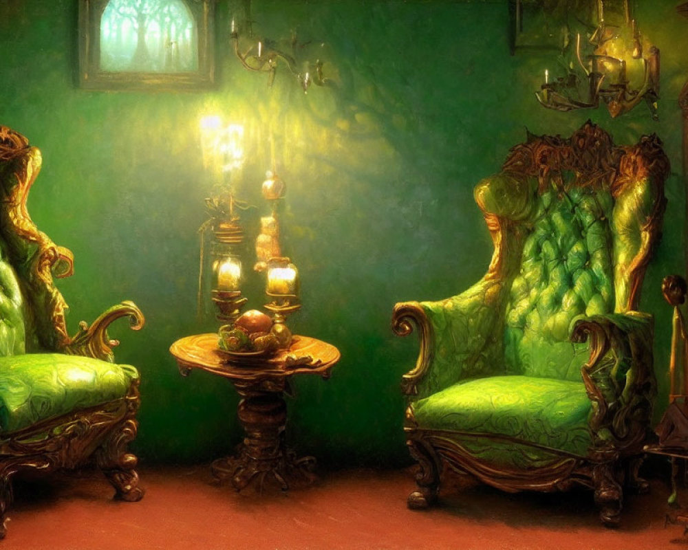 Victorian-style room with plush green armchairs, oil lamp, rich drapery, and
