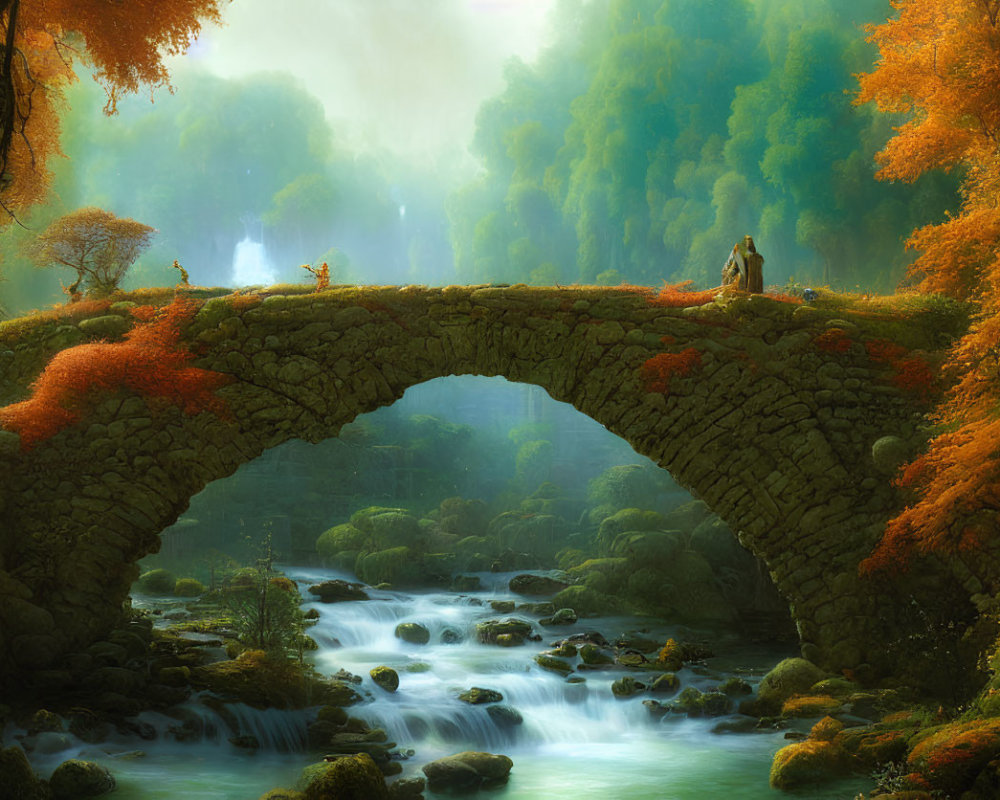 Stone bridge over stream in misty forest with red foliage and waterfall