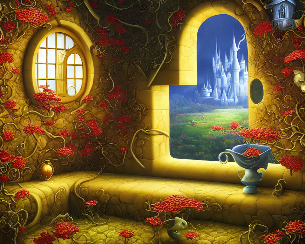 Fantasy interior with golden walls, red vines, round window, castle view, blue vase, and