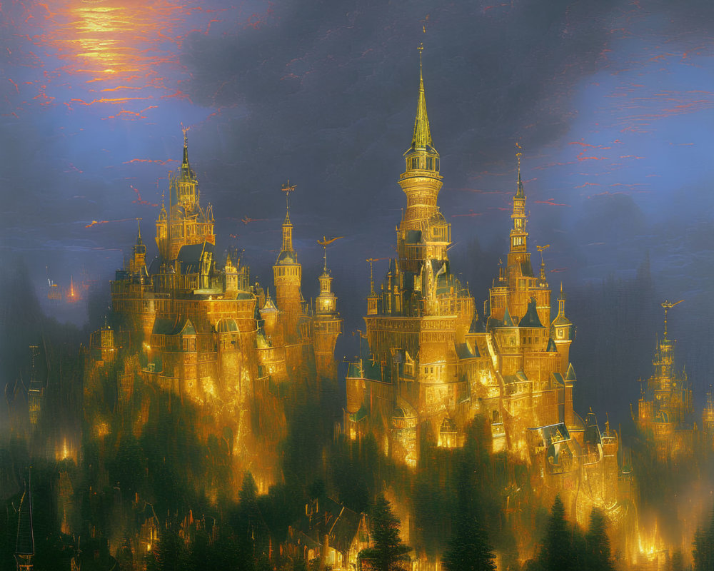 Majestic castle with illuminated spires at twilight
