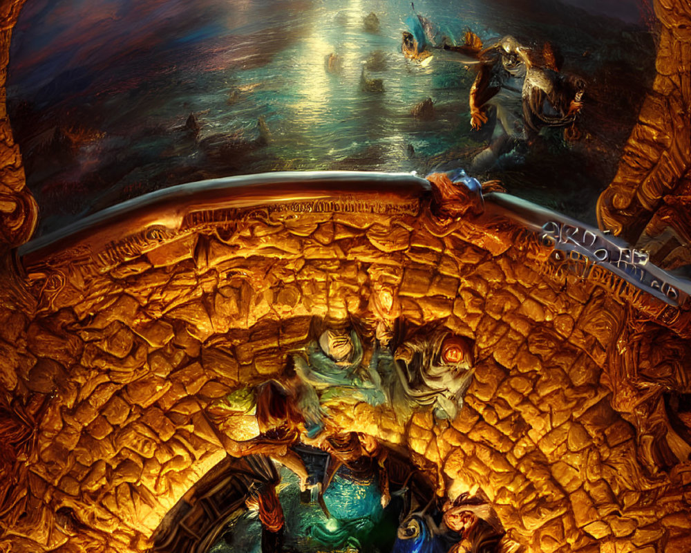 Surreal painting of figures swimming towards light source in golden circular frame
