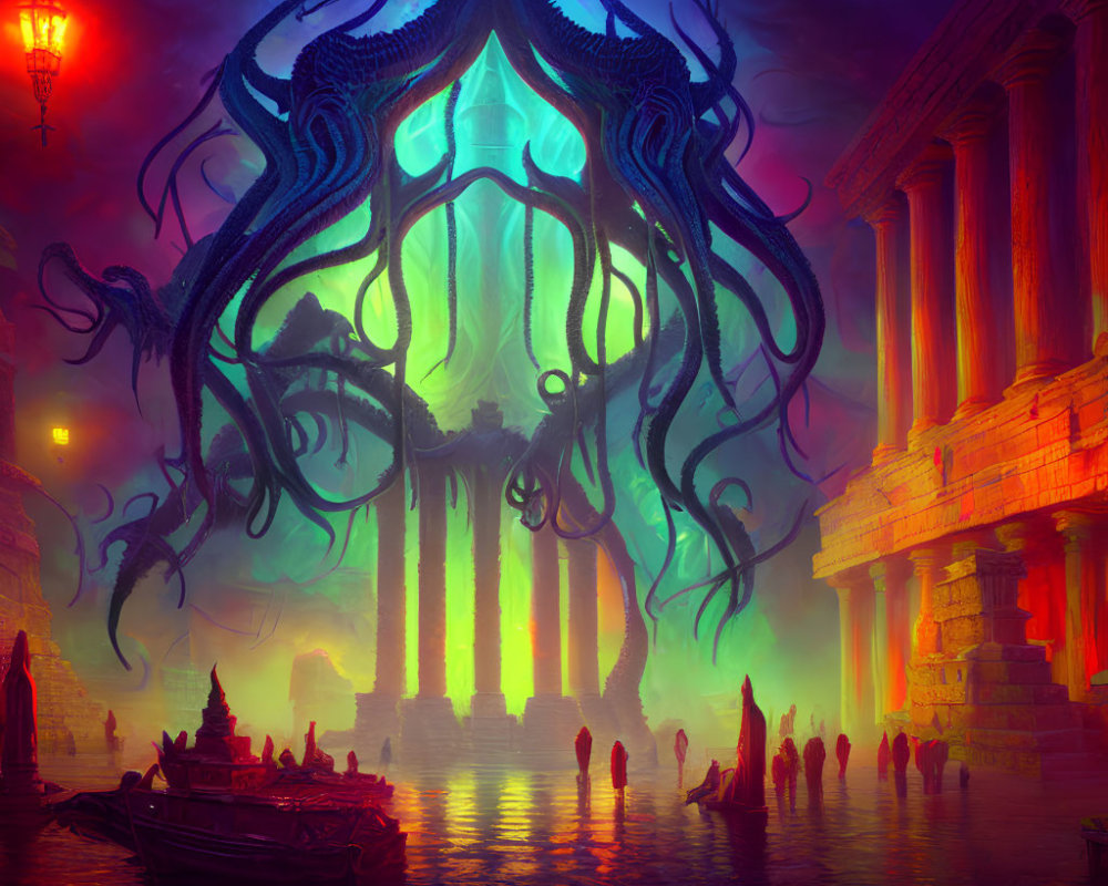 Gigantic tentacled entity in flooded ancient city under red sky