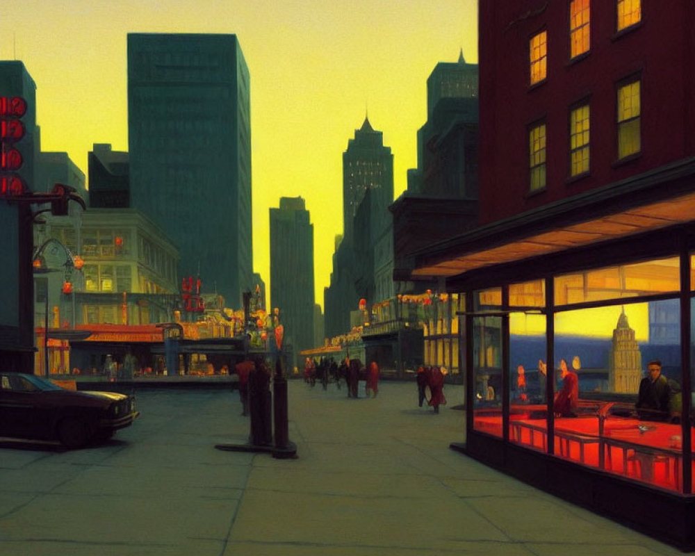 City street scene with pedestrians, classic cars, and a lit diner in warm twilight hues