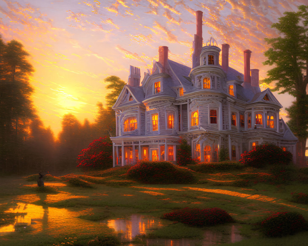 Victorian-style mansion at sunset with illuminated windows and a fishing silhouette
