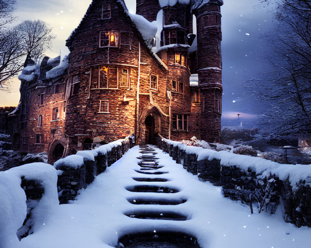 Twilight snow-covered gothic castle with illuminated windows